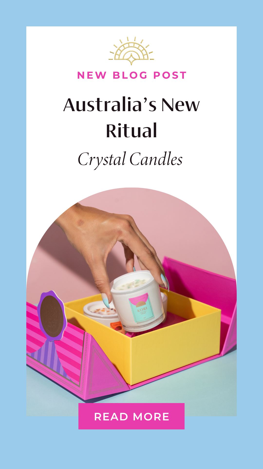 Crystal soy candle with healing crystal burning on timber surface — Three Suns Australian made candles Sydney