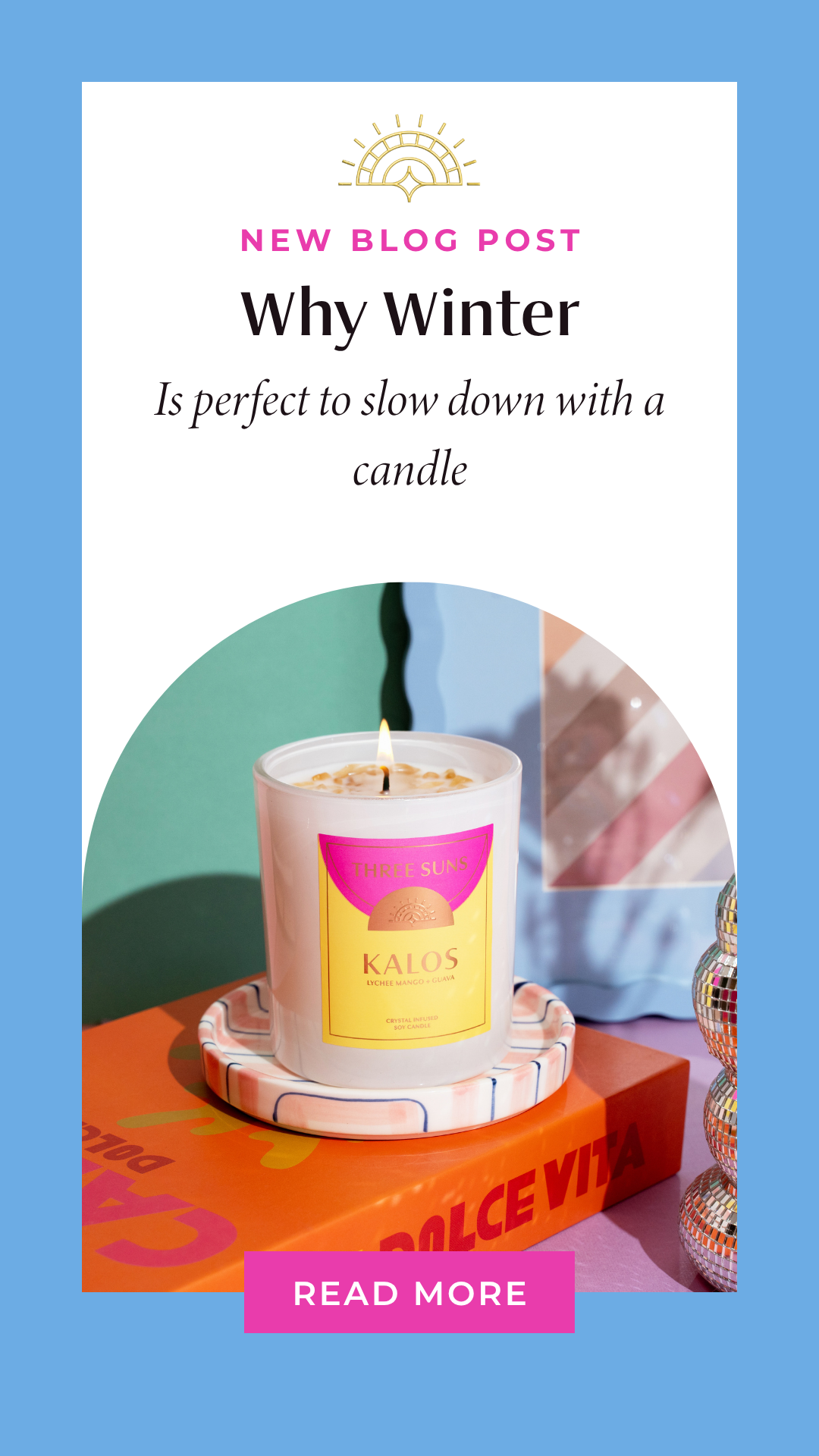 Crystal infused soy candle glowing in winter Australian made wellness Three Suns