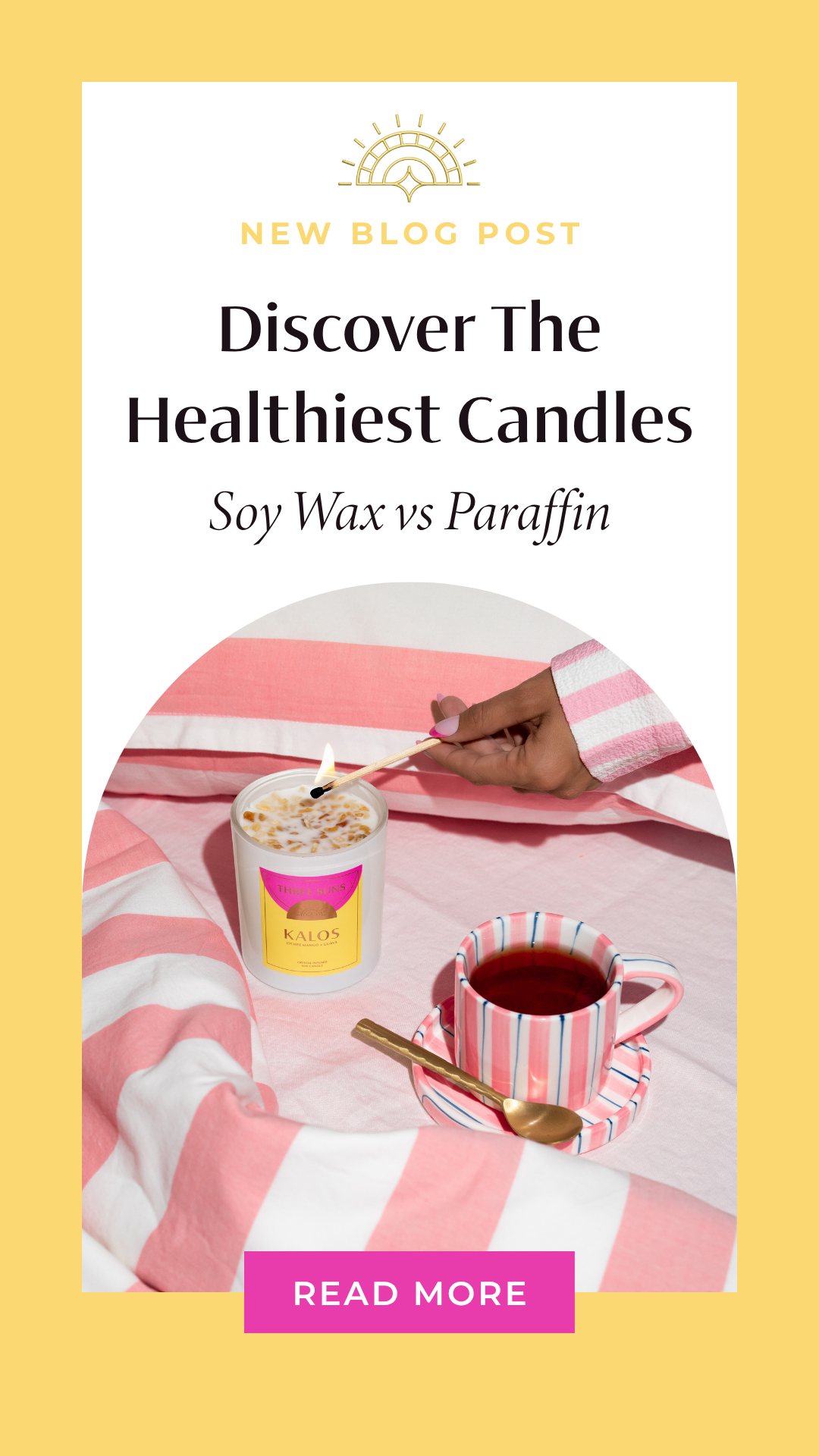 Non toxic soy wax candle infused with crystals on bright bedding being lit