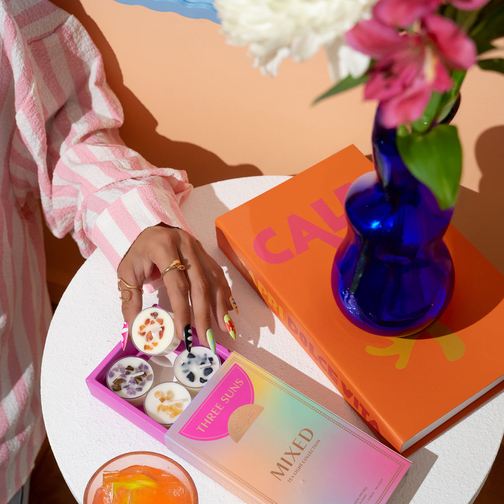 
                      
                        Three Suns Mixed Tealight Collection, natural soy wax tealights with crystal accents, strong fragrances, perfect for relaxation and gifting, premium Australian candles.
                      
                    
