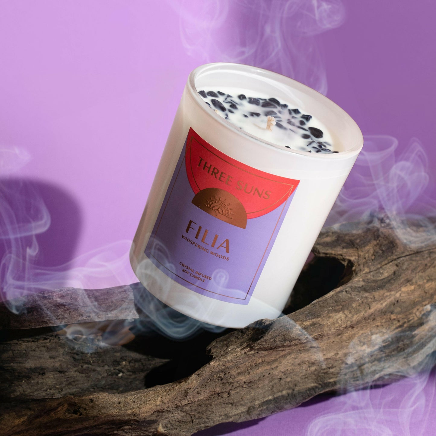 Large Filia Crystal Soy Candle for friendship, infused with Sandstone crystals. Perfect gift for friends who love candles. Sophisticated smelling candles. Winter candles.