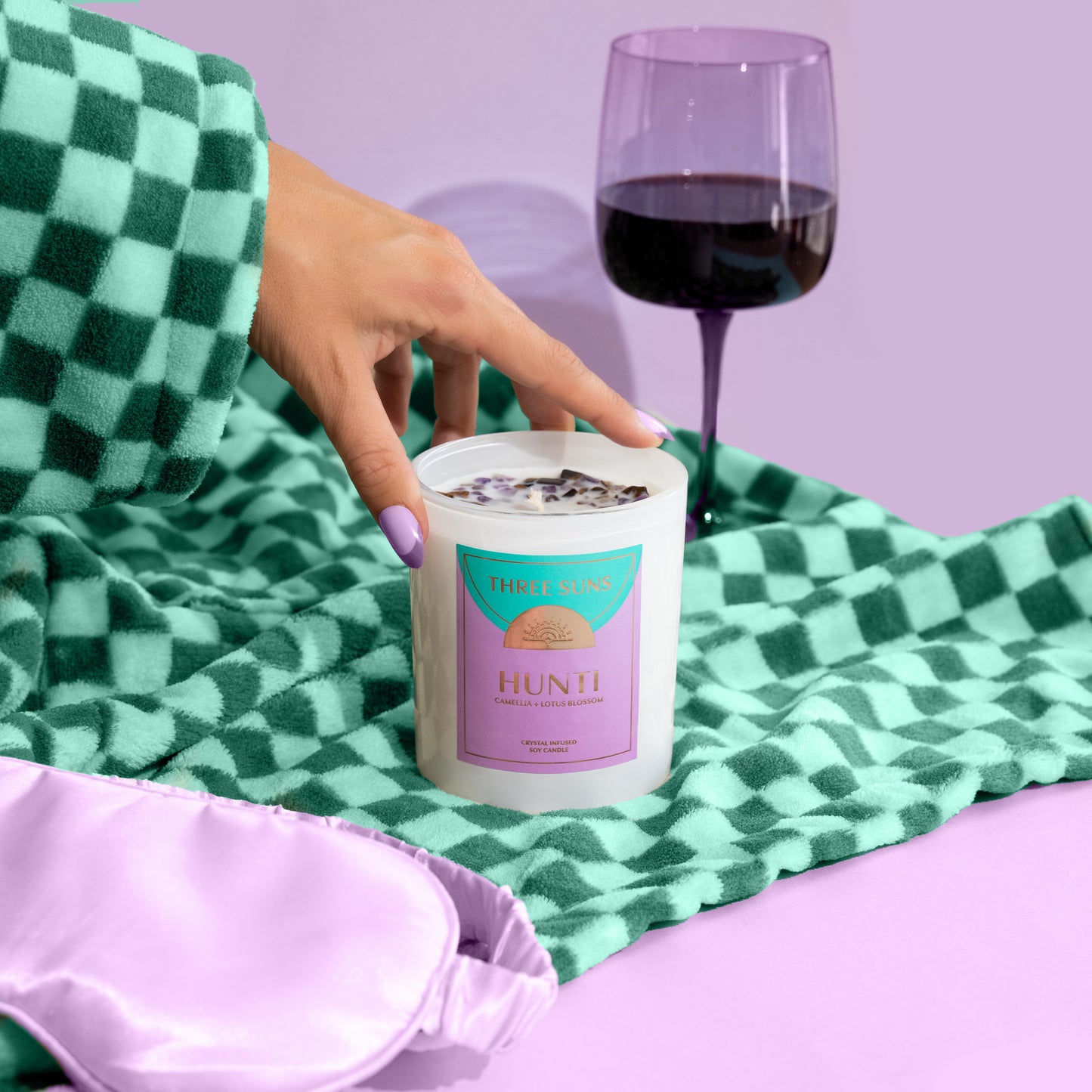 Stress-relief crystal soy candle emitting calming aroma to enhance relaxation and wellness