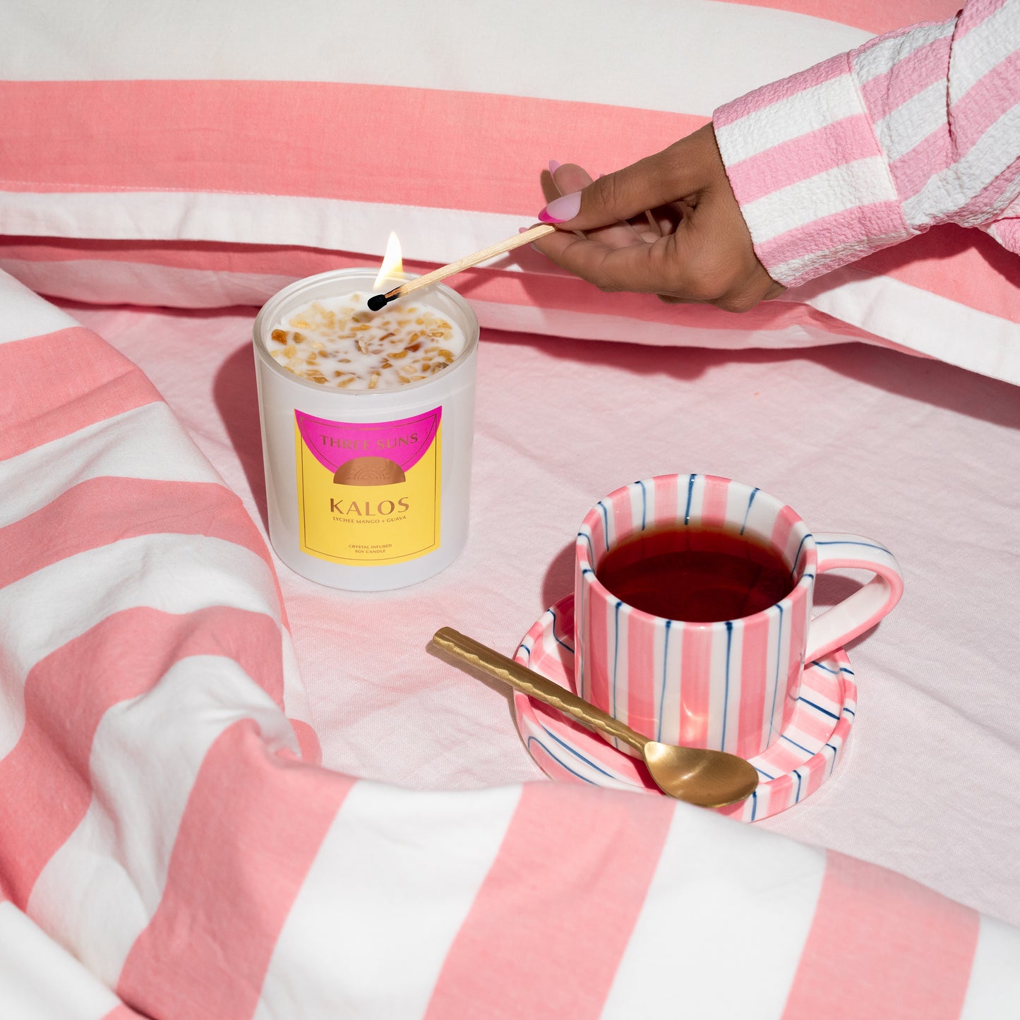 Three Suns Kalos Large Candle, hand-poured soy wax infused with Citrine crystals, fresh tropical fruit fragrance, premium eco-friendly candle Australia.