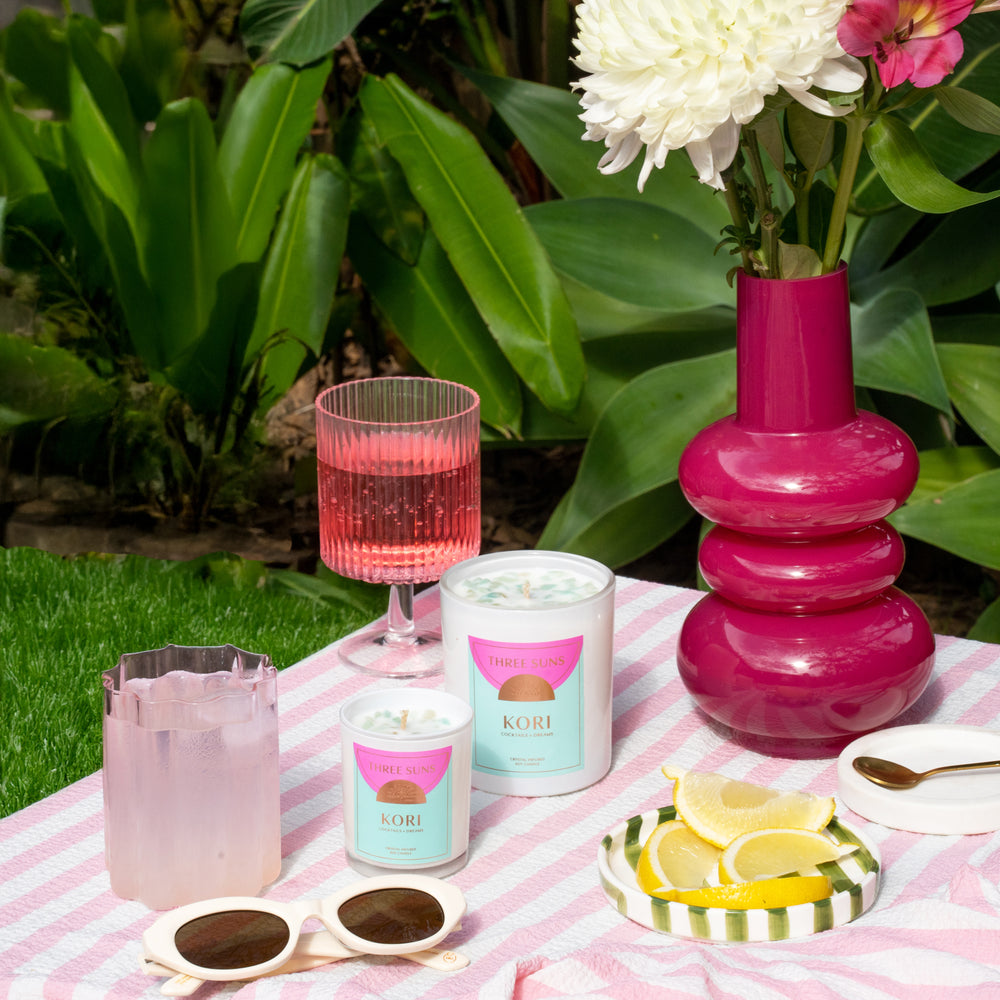 
                      
                        Luxury Kori Large Candle by Three Suns, crystal infused soy candle with fruity raspberry, orange, and pear scent, premium Australian home fragrance.
                      
                    