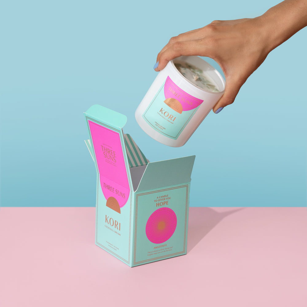 
                      
                        Kori Large Candle with Amazonite crystals, fruity Cocktails + Dreams fragrance, hand-poured natural soy wax, premium luxury candle Australia by Three Suns.
                      
                    