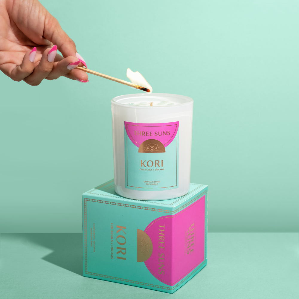 
                      
                        Three Suns Kori Large Crystal Soy Candle, bright raspberry and apple scent, infused with Amazonite crystals, eco-friendly luxury candle Australia.
                      
                    