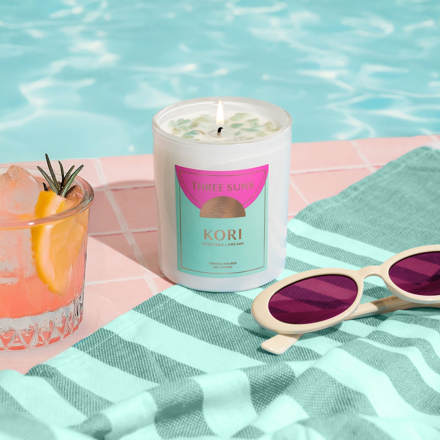 Kori Large Crystal Infused Soy Candle with Amazonite, fruity raspberry scent, luxury home fragrance Australia