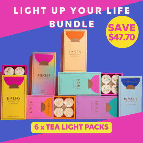 Light Up Your Life tealight bundle featuring six crystal-infused soy tea lights in vibrant packaging - Creamy Gelato & Caramel Frost, Camellia & Lotus Blossom, Lychee Mango Guava, Cocktails & Dreams, Coconut & Magnolia, and Japanese Honeysuckle - Australian made home fragrance by Three Suns