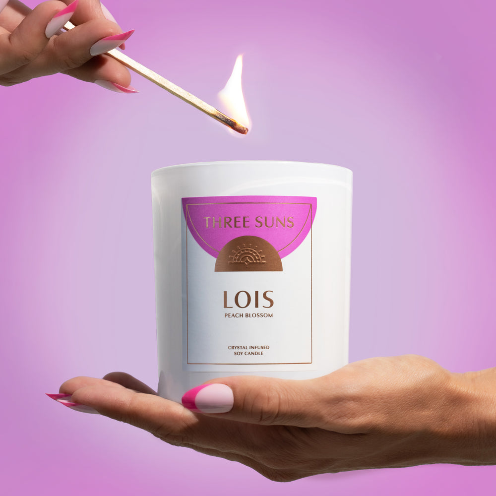 Three Suns Lois Large Candle, natural soy wax infused with Black Tourmaline and Moonstone crystals for healing and balance, premium Australian candle.