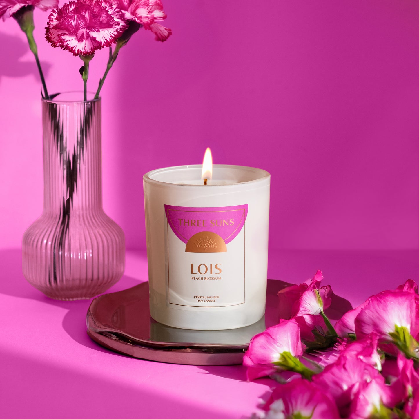 Luxury Peach Blossom candle infused with Black Tourmaline and Rainbow Moonstone, calming vanilla fragrance by Three Suns Australia