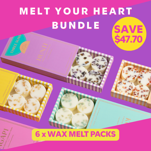 Melt Your Heart wax melt bundle featuring six crystal-infused soy wax melts in vibrant packaging - Creamy Gelato & Caramel Frost, Camellia & Lotus Blossom, Lychee Mango Guava, Cocktails & Dreams, Coconut & Magnolia, and Japanese Honeysuckle - Australian made natural home fragrance by Three Suns for wax warmers and oil burners