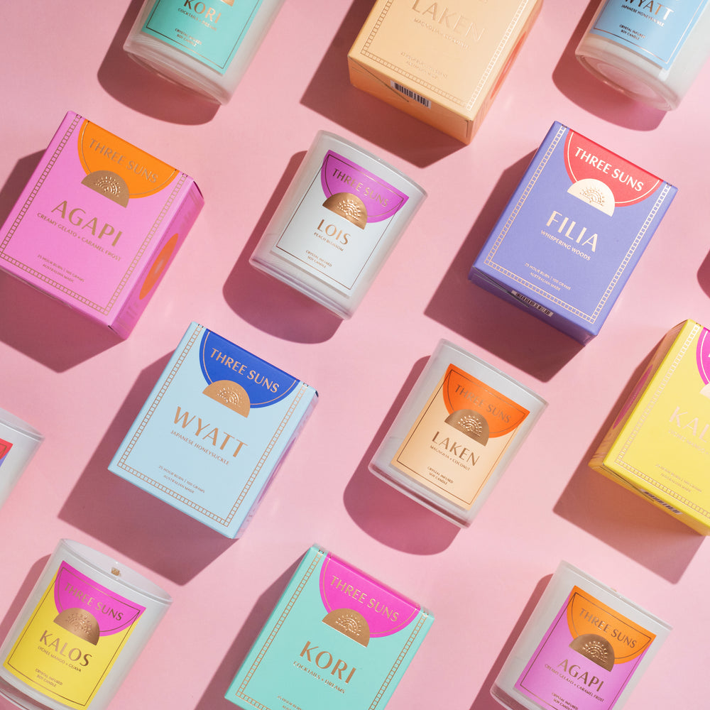 
                      
                        Three Suns Mini Candle Collection, natural soy wax candles infused with crystals, strong long-lasting scents, perfect for self-care and gifts, Australia.
                      
                    