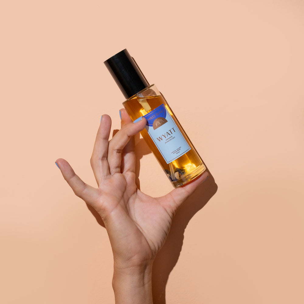 
                      
                        Wyatt Crystal Room Spray in clear bottle with black lid, infused with Sodalite crystals to boost confidence and strength, premium Australian home fragrance by Three Suns.
                      
                    