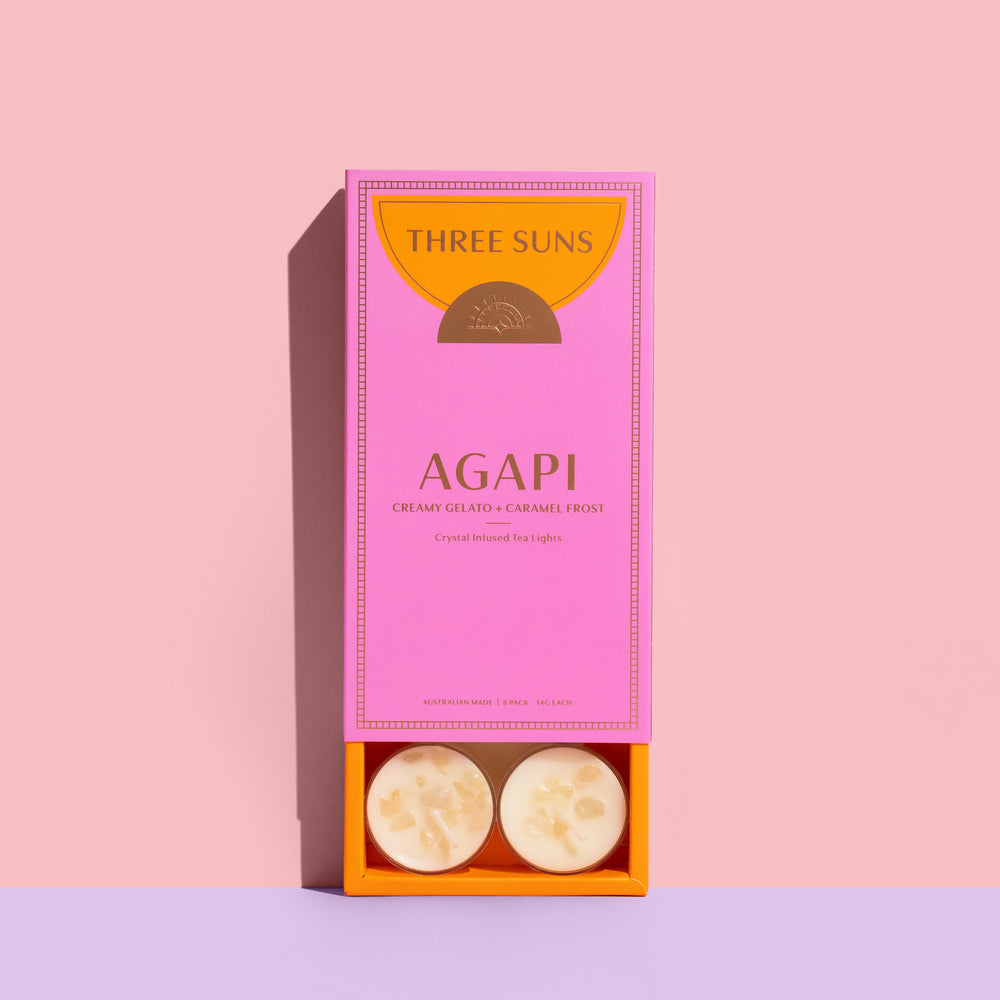 Agapi | Creamy Vanilla Gelato + Caramel Frost Soy Tea Light candle Box of 8