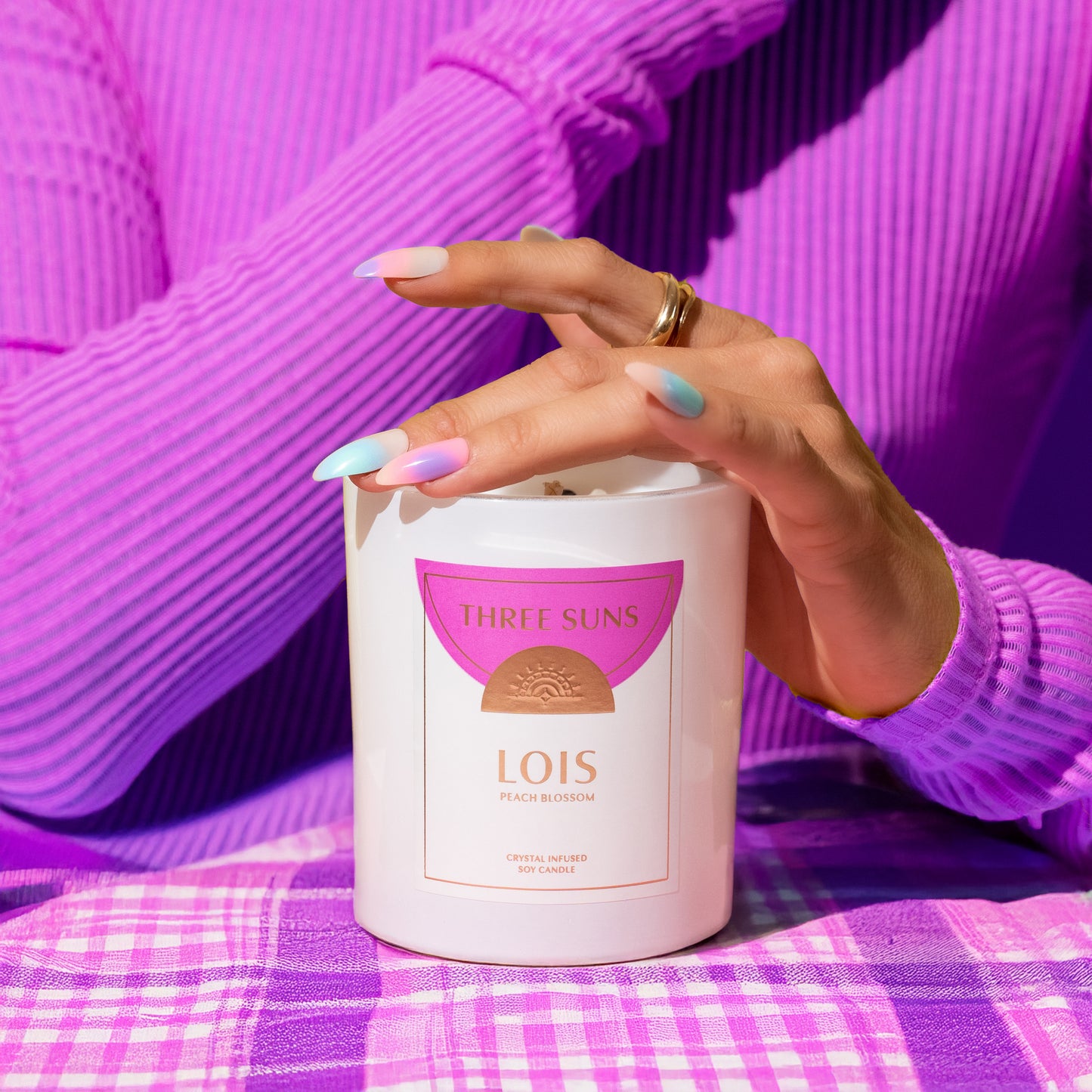 Lois Large Soy Candle with Peach Blossom, Healing Crystal infusion of Black Tourmaline and Rainbow Moonstone