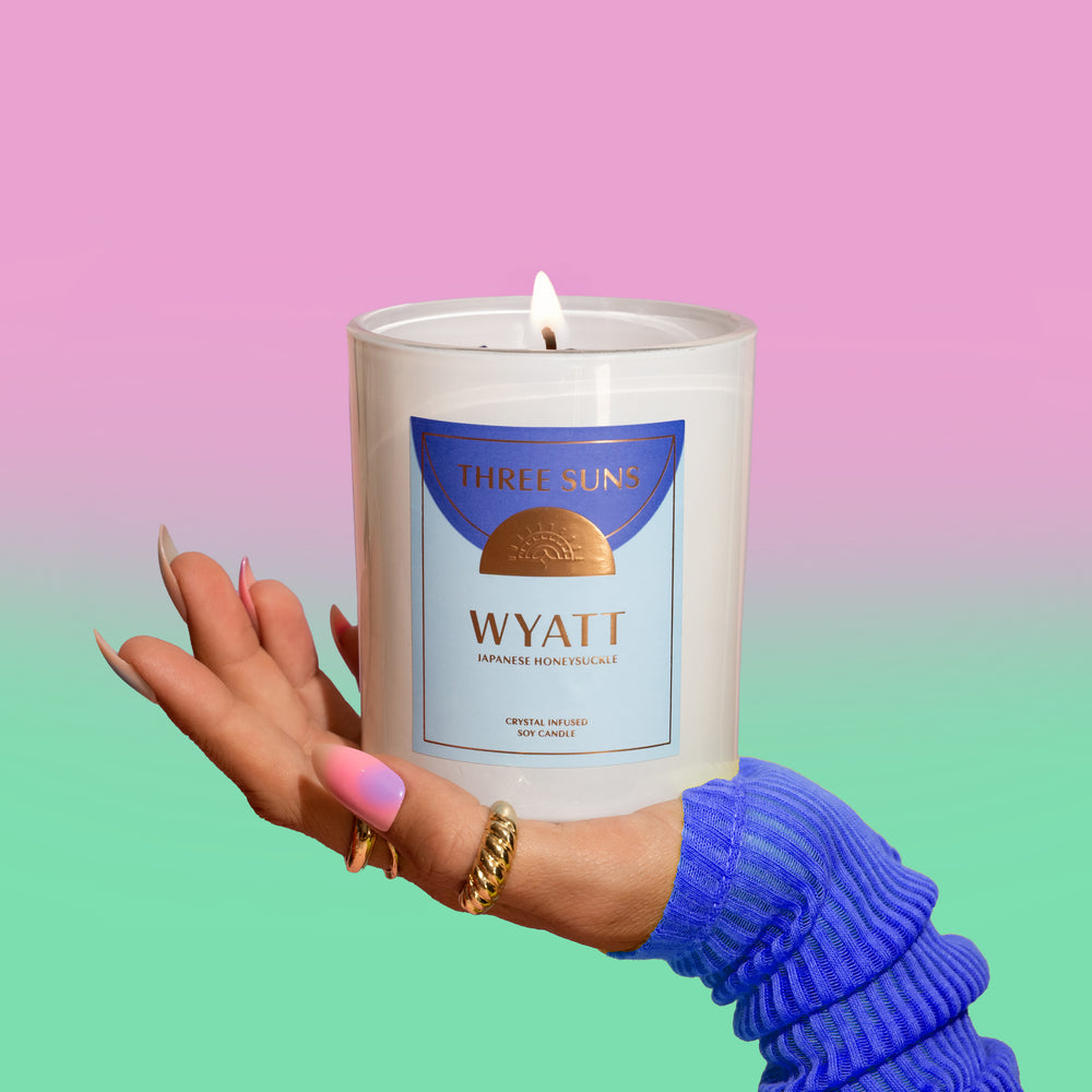 
                      
                        Wyatt Crystal Infused Soy Candle with Sodalite, Japanese Honeysuckle scent, eco-friendly luxury candle by Three Suns Australia
                      
                    
