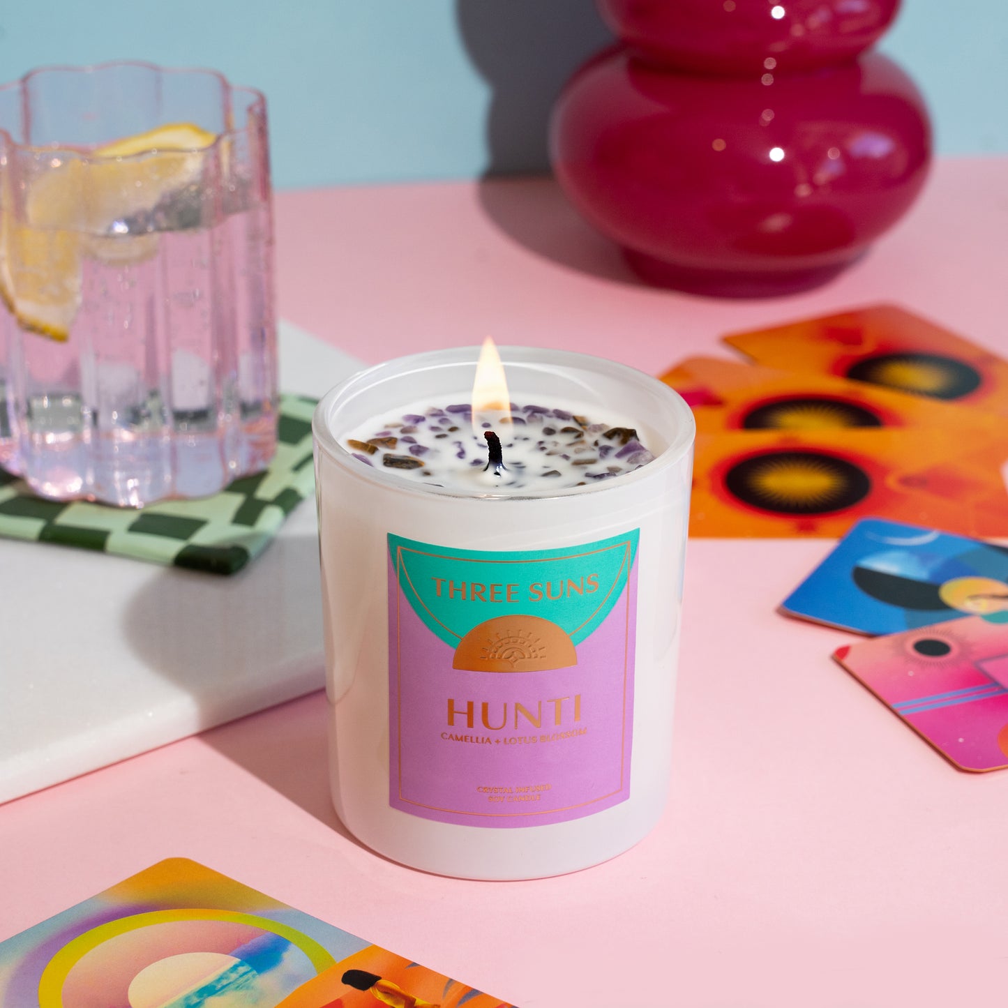 Stress-relief crystal soy candle creating a calming ambiance for relaxation and tranquility
