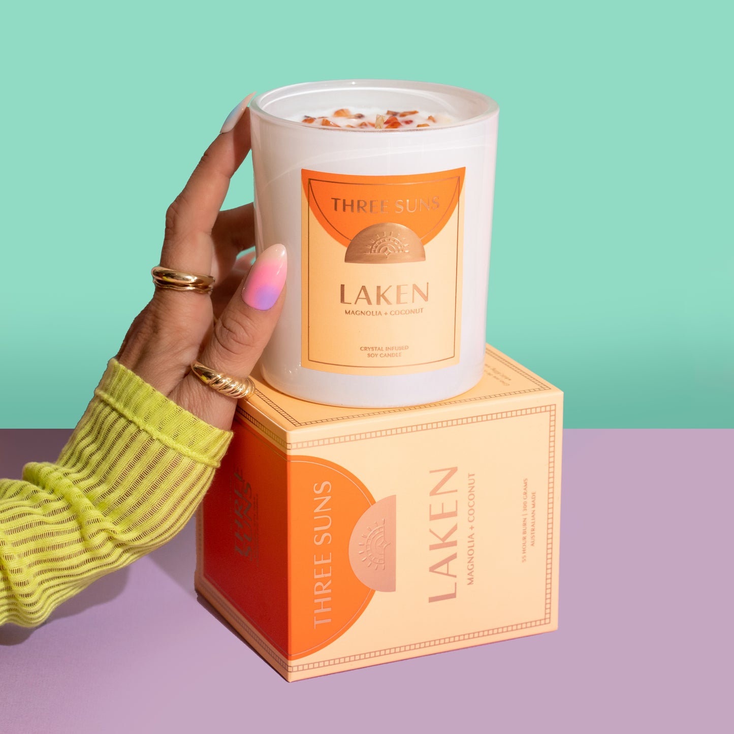 Laken Candle soy candle with crystal for positivity boost, ideal positive gift and gifting candles