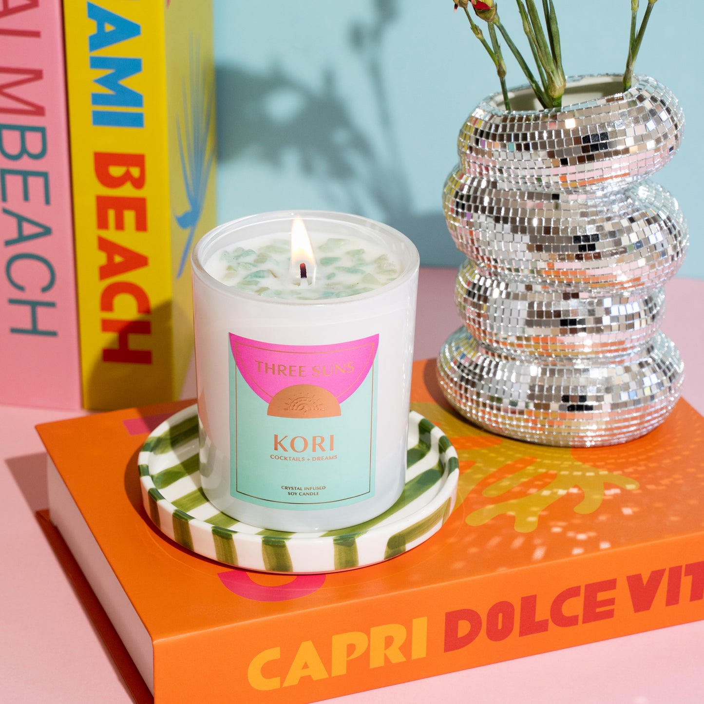 Crystal Kori Large Infused Soy Candle with Amazonite, fruity raspberry and green apple scent, luxury home fragrance Australia