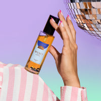 Wyatt Room Spray with black lid, crystal infused Japanese Honeysuckle home fragrance featuring Sodalite crystals for empowerment and clarity, luxury room spray by Three Suns Australia.