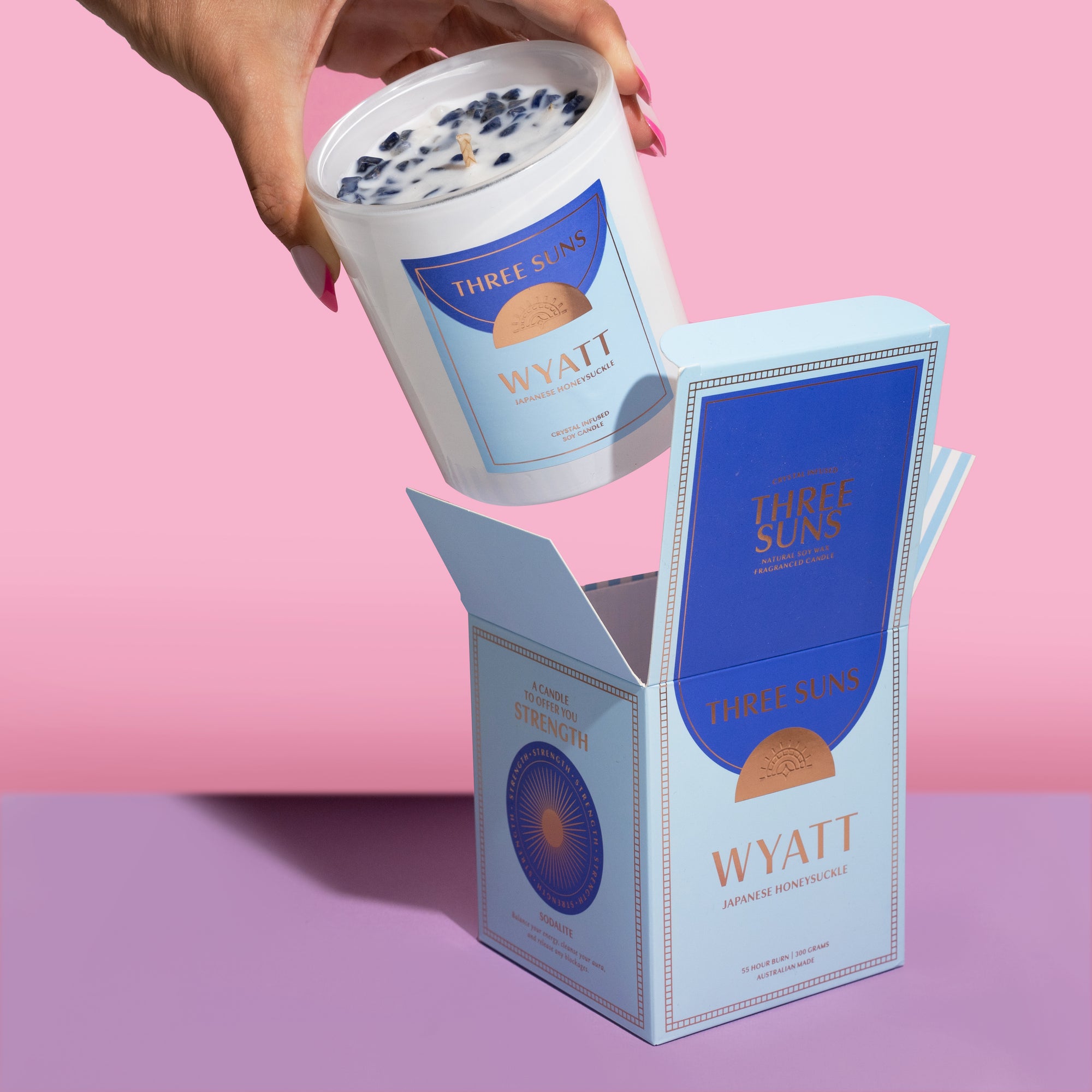 Wyatt Large Soy Candle by Three Suns, infused with Sodalite crystals, floral Japanese Honeysuckle fragrance, luxury crystal candle Australia.