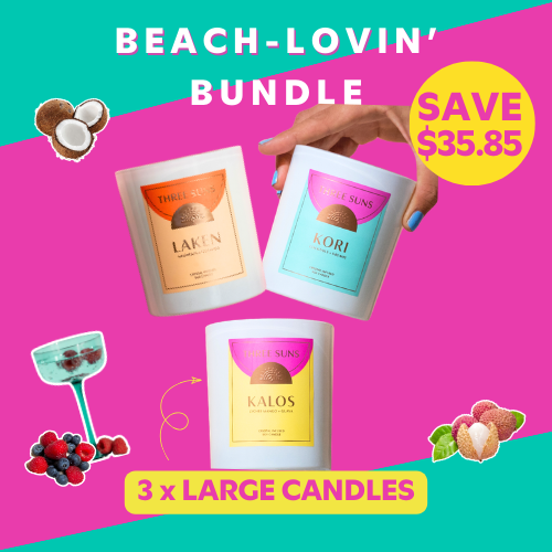 Beach Lovin’ Bundle featuring three large crystal-infused soy candles with tropical fragrances - save on luxury Australian made candles from Three Suns