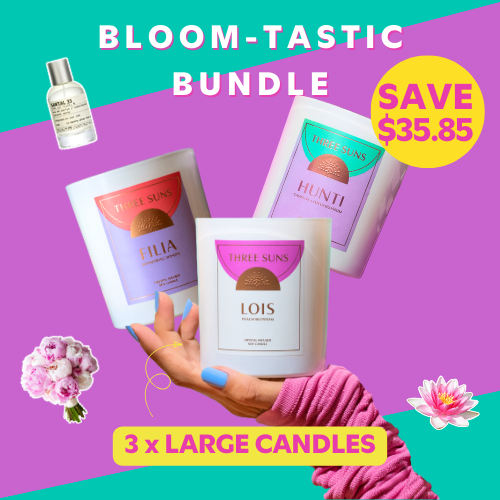 Bloom-Tastic Bundle featuring three large crystal-infused soy candles with floral fragrances - save on luxury Australian made candles from Three Suns
