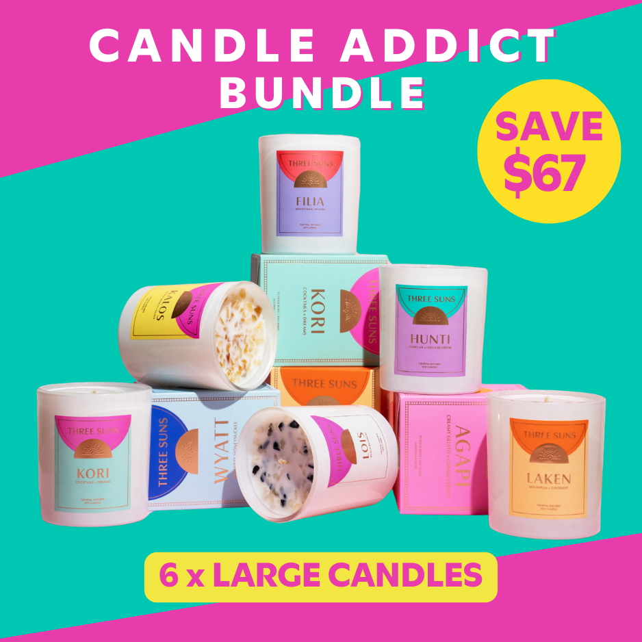 Candle Addict Bundle featuring six large 320g crystal-infused soy candles with bestselling fragrances - save $67 on luxury Australian made candle set from Three Suns