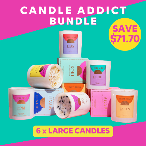 Candle Addict Bundle featuring six large 320g crystal-infused soy candles with bestselling fragrances - save $71.70 on luxury Australian made candle set from Three Suns