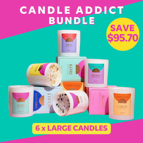 Candle Addict Bundle featuring six large 320g crystal-infused soy candles with bestselling fragrances - save $95.70 on luxury Australian made candle set from Three Suns