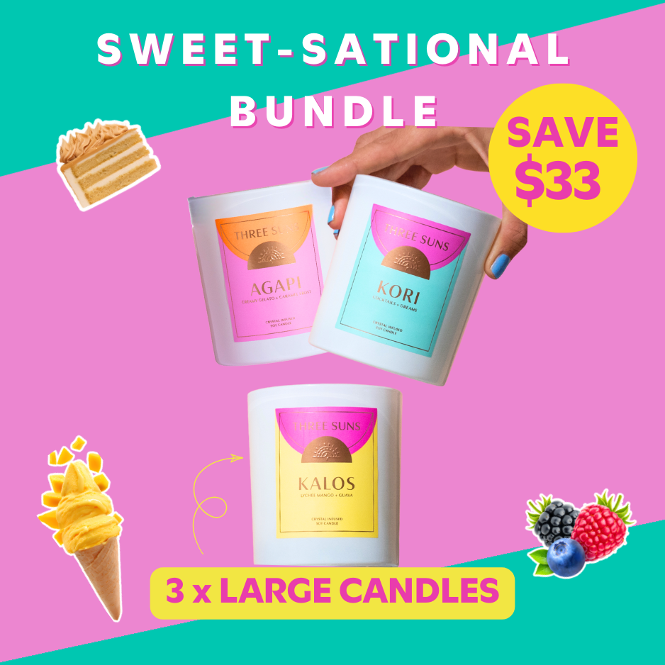 Sweet-Sational Bundle featuring three large crystal-infused soy candles - Kalos, Agapi, and Eros - save $33 on luxury Australian made candles with dessert fragrances