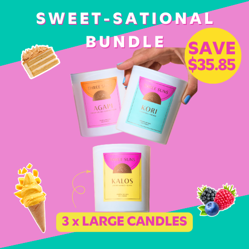 Sweet-Sational Bundle featuring three large crystal-infused soy candles - Kalos, Agapi, and Eros - save $33 on luxury Australian made candles with dessert fragrances